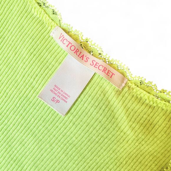 Victoria's Secret Y2K Lace Trim Button‎ Long Ribbed Cami Tank Top Neon Yellow S - Picture 2 of 6